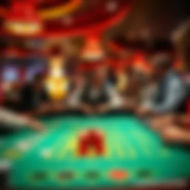 A dealer interacting with players at a lively craps table