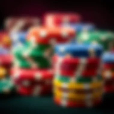 A close-up of colorful clay poker chips stacked neatly.