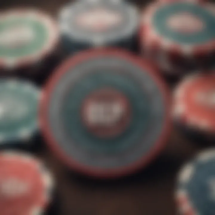 An array of customized poker chips featuring distinct labels and designs.