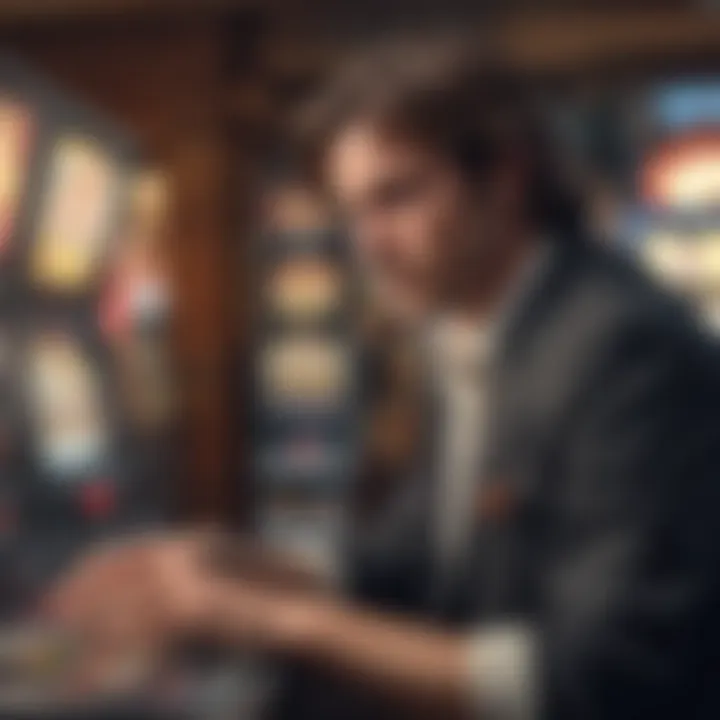 A strategic player analyzing slot machine features with focus