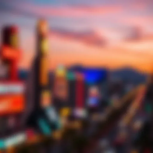 View of budget hotels along the Las Vegas Strip at sunset