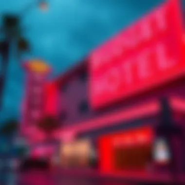 Vibrant exterior of a budget hotel with neon lights