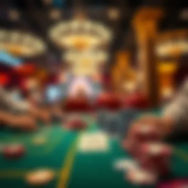 Close-up of gaming tables featuring poker chips and cards in a lively atmosphere