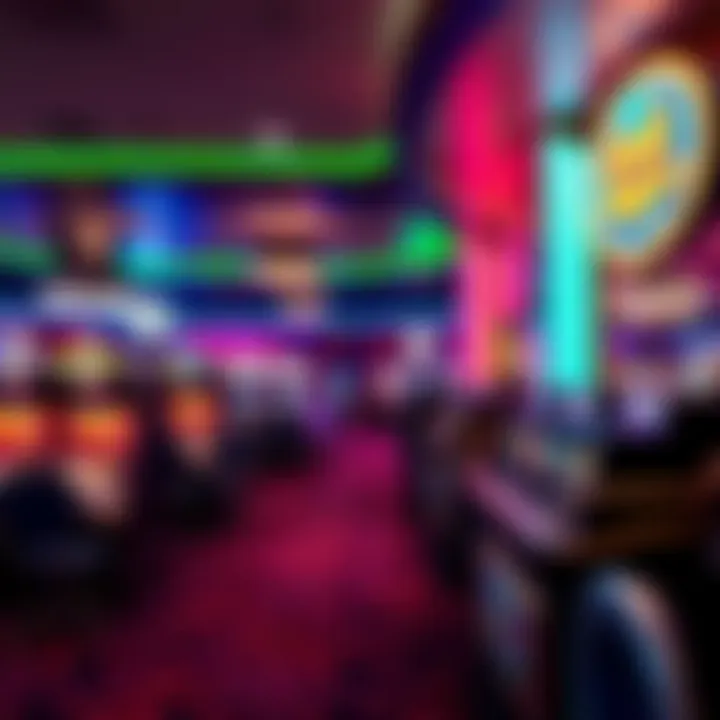 A vibrant casino floor with colorful lights and gaming tables