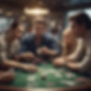 A group of players engaged in an intense holdem poker game, focusing on the cards and their strategies.