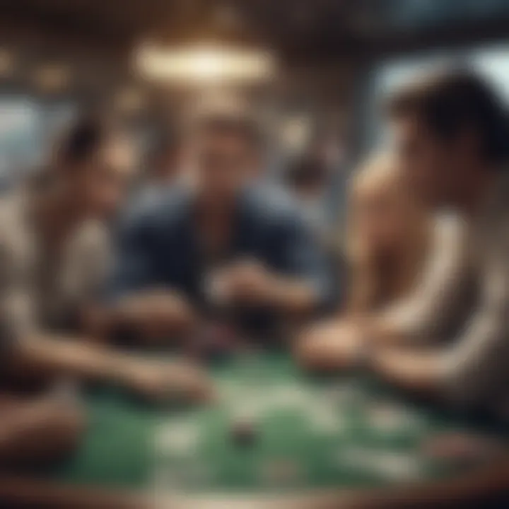 A group of players engaged in an intense holdem poker game, focusing on the cards and their strategies.