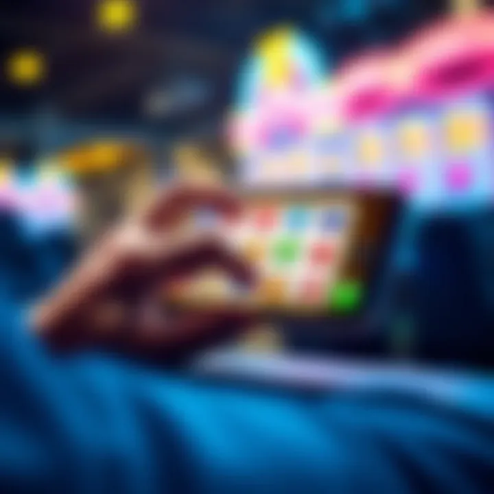 Digital Slot Gaming Experience A close-up of a hand interacting with a digital slot game on a smartphone