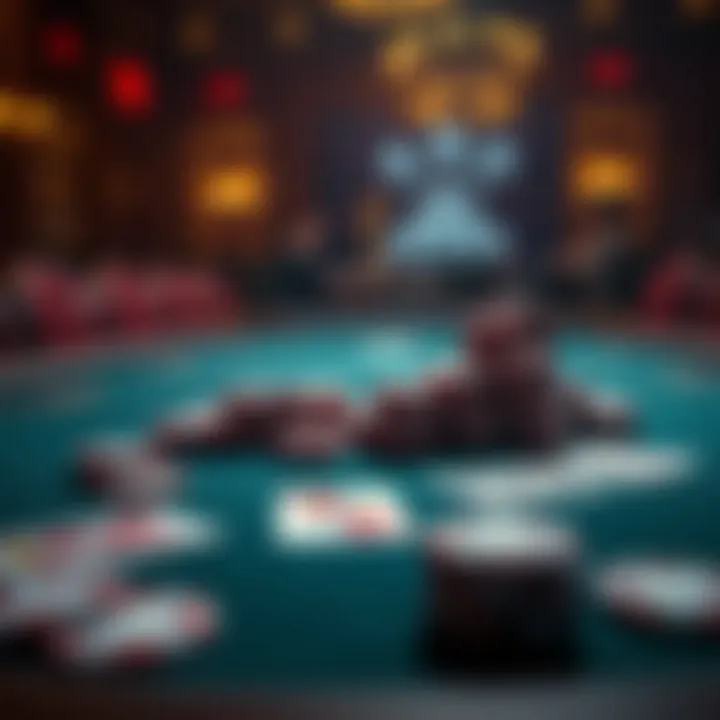 Poker Table Dynamics A detailed view of a poker table setup with cards and chips