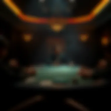 A dimly lit poker table surrounded by shadows.