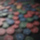 Colorful small denomination poker chips arranged on a table