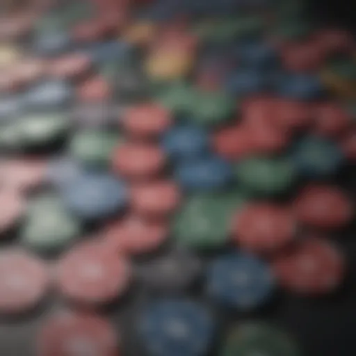 Colorful small denomination poker chips arranged on a table