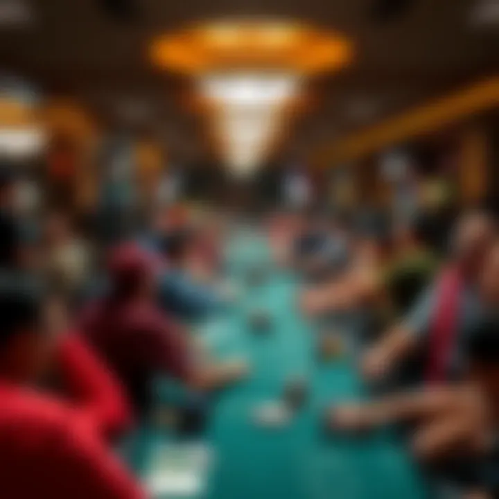 A wide shot of poker tables filled with enthusiastic players