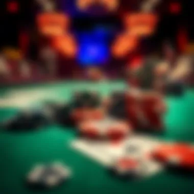 Close-up of poker chips and cards on a green felt table